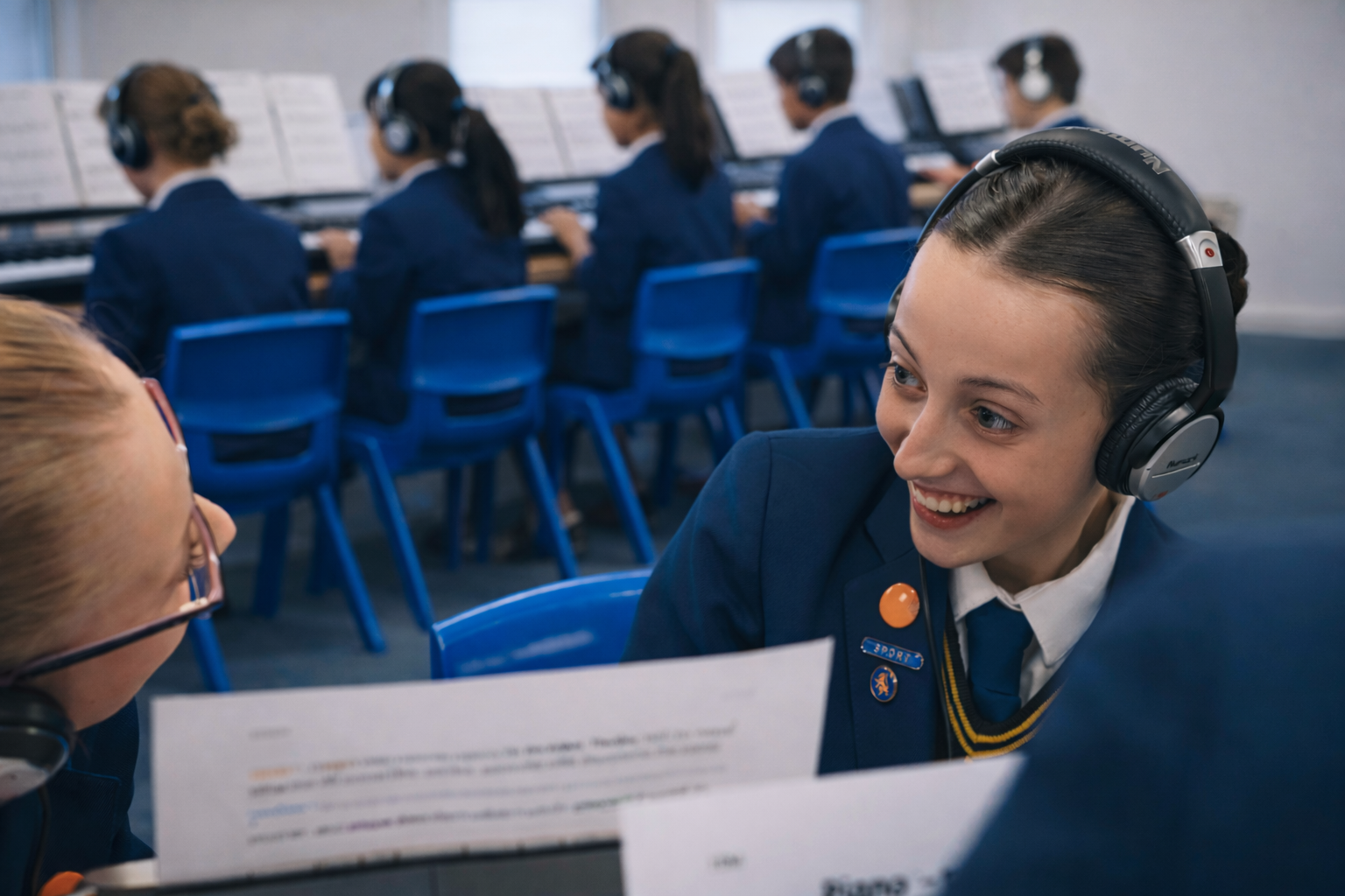 Student wearing headphones smiling during music class at Rainhill High School