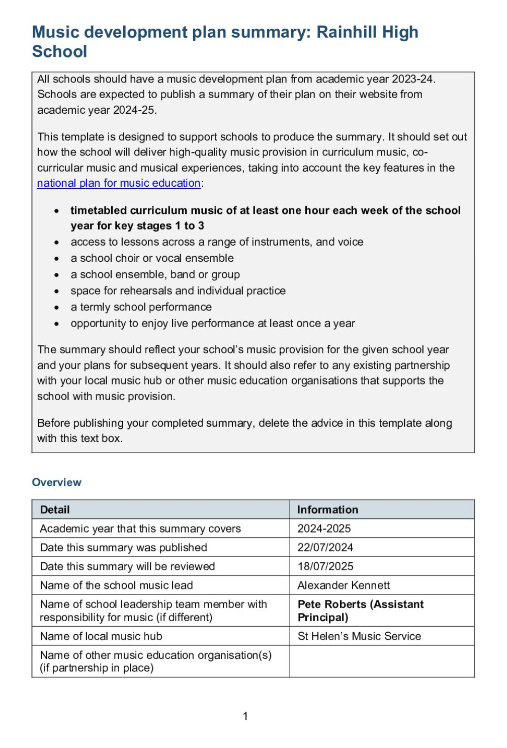 Rainhill High School Music Development Plan